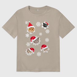 Футболка оверсайз женская Новогодние Коты в Шапках, цвет: миндальный