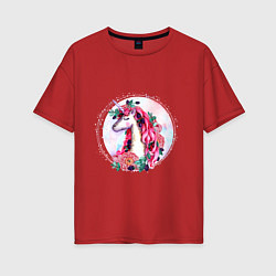 Женская футболка оверсайз Единорог среди цветов и ягод Акварель