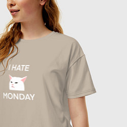 Футболка оверсайз женская I hate monday текст с котом, цвет: миндальный — фото 2