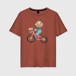 Женская футболка оверсайз Медведь с цветами на велосипеде