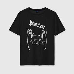 Футболка оверсайз женская Judas Priest Рок кот, цвет: черный