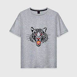 Женская футболка оверсайз Агрессивный тигр с монетой Шиба ину в пасти