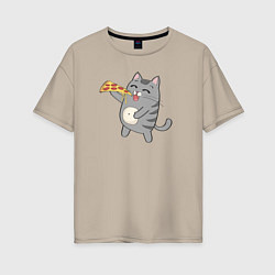 Женская футболка оверсайз Кот с кусочком пиццы