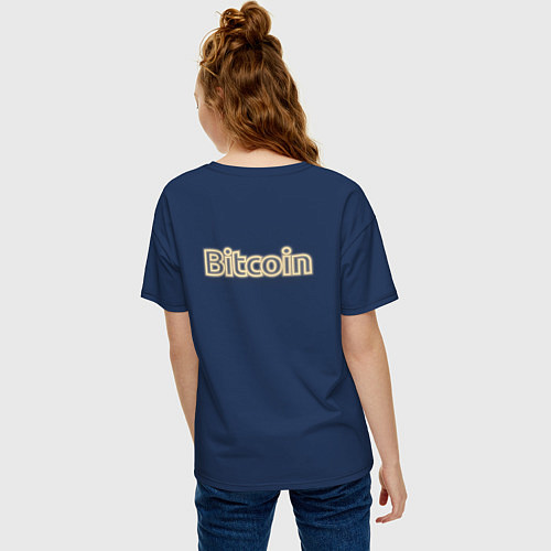 Женская футболка оверсайз Биткоин с тигром в неоновом свечении / Тёмно-синий – фото 4