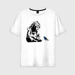 Женская футболка оверсайз BANKSY girl with blue bird БЭНКСИ девочка с синей