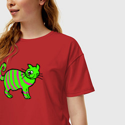 Футболка оверсайз женская Зеленый полосатый кот, цвет: красный — фото 2
