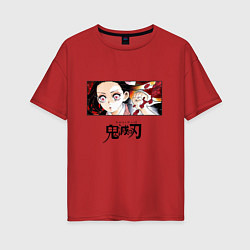 Футболка оверсайз женская Клинок, рассекающий демонов Незуко Камадо лого, цвет: красный