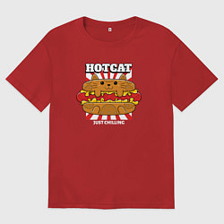 Футболка оверсайз женская Кот - хотдог, цвет: красный