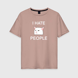 Женская футболка оверсайз I hate people, текст с белым мемным котом