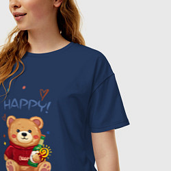 Футболка оверсайз женская СЧАСТЛИВЫЙ МИШКА HAPPY BEAR CUTE 100%, цвет: тёмно-синий — фото 2