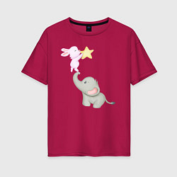 Женская футболка оверсайз Милый Слонёнок и Кролик Играют Со Звездой