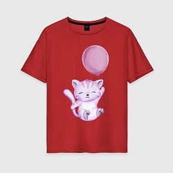Женская футболка оверсайз Милый Котёнок Летит На Воздушном Шаре