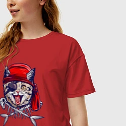 Футболка оверсайз женская Кот пират и рыбьи кости, цвет: красный — фото 2