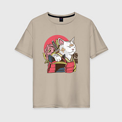 Футболка оверсайз женская Котик Самурай Samurai Cat Japanese art, цвет: миндальный