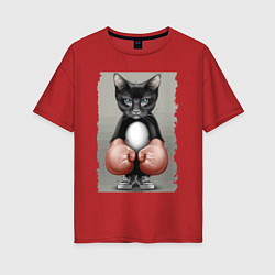 Футболка оверсайз женская Крутой котяра в боксёрских перчатках Cool cat in b, цвет: красный