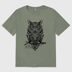 Футболка оверсайз женская Черная сова в узорах, цвет: авокадо