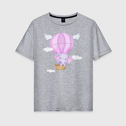 Женская футболка оверсайз Милый Слонёнок Летит На Воздушном Шаре Среди Облак