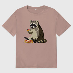 Футболка оверсайз женская Енот кушает пиццу, цвет: пыльно-розовый