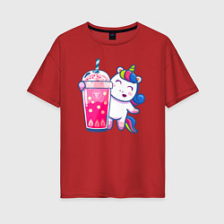 Женская футболка оверсайз Молочный чай с пузырьками и единорожка