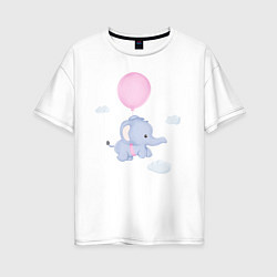 Женская футболка оверсайз Милый Слонёнок Летит На Воздушном Шарике