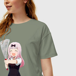 Футболка оверсайз женская Госпожа Кагуя Love is war Синомия с веером, цвет: авокадо — фото 2