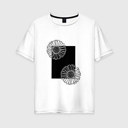 Женская футболка оверсайз Ромашки с черным прямоугольником