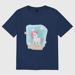 Женская футболка оверсайз Милый мультяшный единорог с розовым хвостом и грив