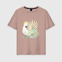 Женская футболка оверсайз Белый попугай с хохолком на фоне листьев пальмы