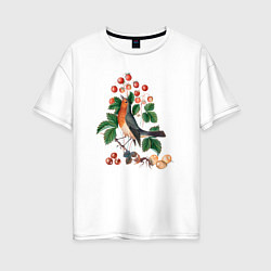 Женская футболка оверсайз European Robin and Wild Strawberry Дрозд и клубник