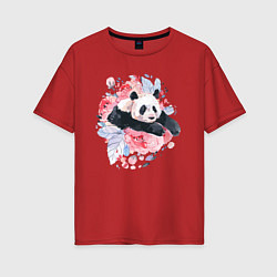 Футболка оверсайз женская Панда среди летних цветов, цвет: красный