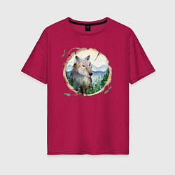 Женская футболка оверсайз Рисунок на бревне - волк