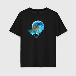 Женская футболка оверсайз Волк на фоне голубой луны