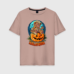 Женская футболка оверсайз Halloween - Мишка на тыкве