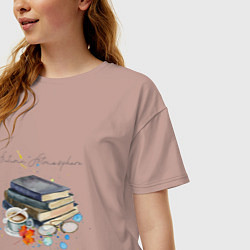 Футболка оверсайз женская Autumn atmosphere with books and coffee, цвет: пыльно-розовый — фото 2