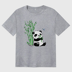 Женская футболка оверсайз Панда бамбук и стрекоза