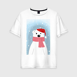 Женская футболка оверсайз Мультяшный белый медведь в красной шапке с шарфом