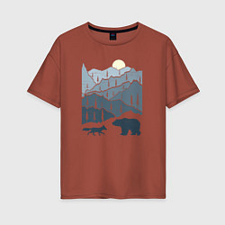 Женская футболка оверсайз Лиса и медведь в горах