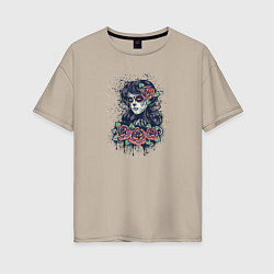 Женская футболка оверсайз Девушка в образе санта муэрте с красными розами