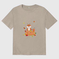 Футболка оверсайз женская Рыжий лис в листьях, цвет: миндальный