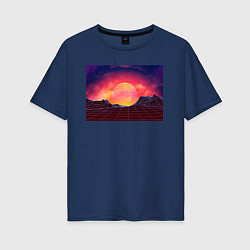 Футболка оверсайз женская 3D неоновые горы на закате, цвет: тёмно-синий