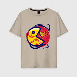 Футболка оверсайз женская Pacman из ретро игры извергает пламя, цвет: миндальный