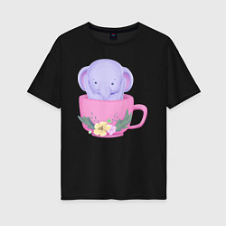 Женская футболка оверсайз Милый слонёнок внутри чашки с цветами