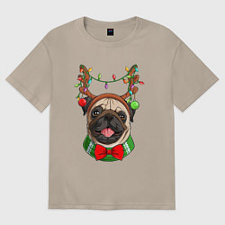Футболка оверсайз женская Новогодний мопс, цвет: миндальный