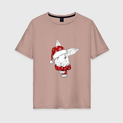 Женская футболка оверсайз Новогодний кролик в шапке