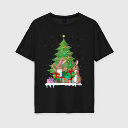 Женская футболка оверсайз Кролики елка и подарки