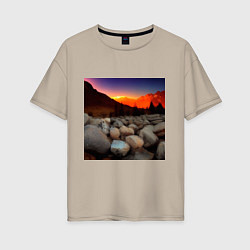 Женская футболка оверсайз Горный пейзаж в закате солнца, каменная река