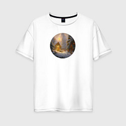 Женская футболка оверсайз Деревенский бревенчатый дом, украшенный к Новому г