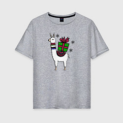 Женская футболка оверсайз Новогодняя лама с подарком