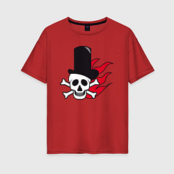 Женская футболка оверсайз Череп в шляпе и в красном огне