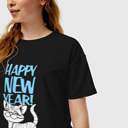 Футболка оверсайз женская Happy new year - kitten, цвет: черный — фото 2
